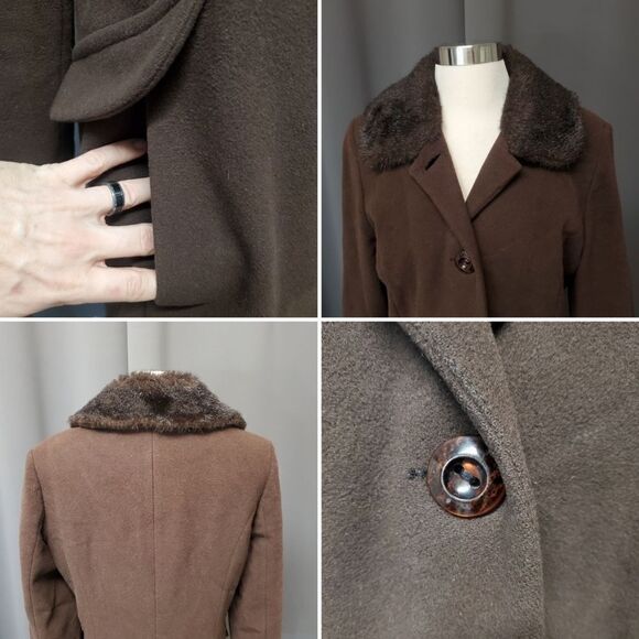 Vintage 90s y2k Esprit Chocolate Brown Wool Blend Faux Fur Midi Trench Coat Md - Picture 4 of 7